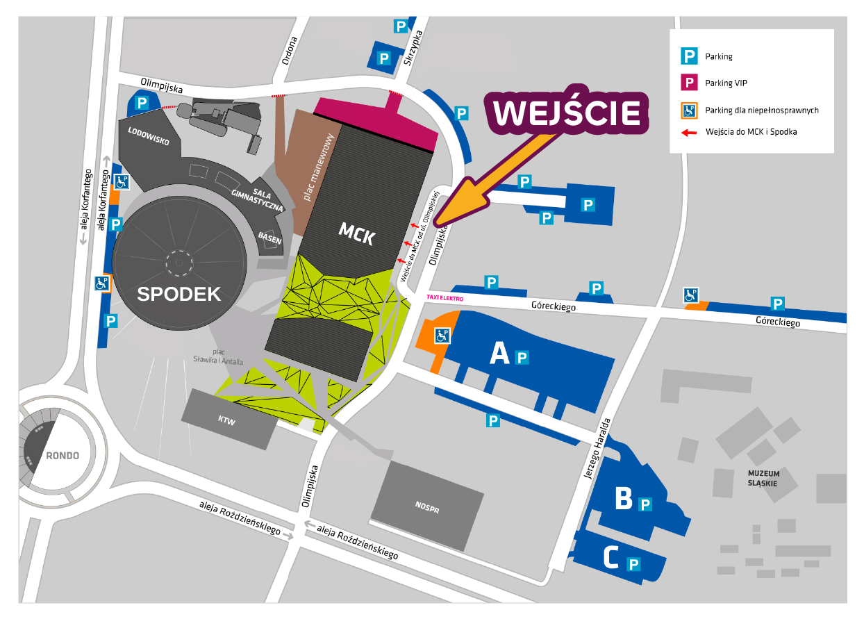 Mapka dojazdu i parkingów MCK Spodek